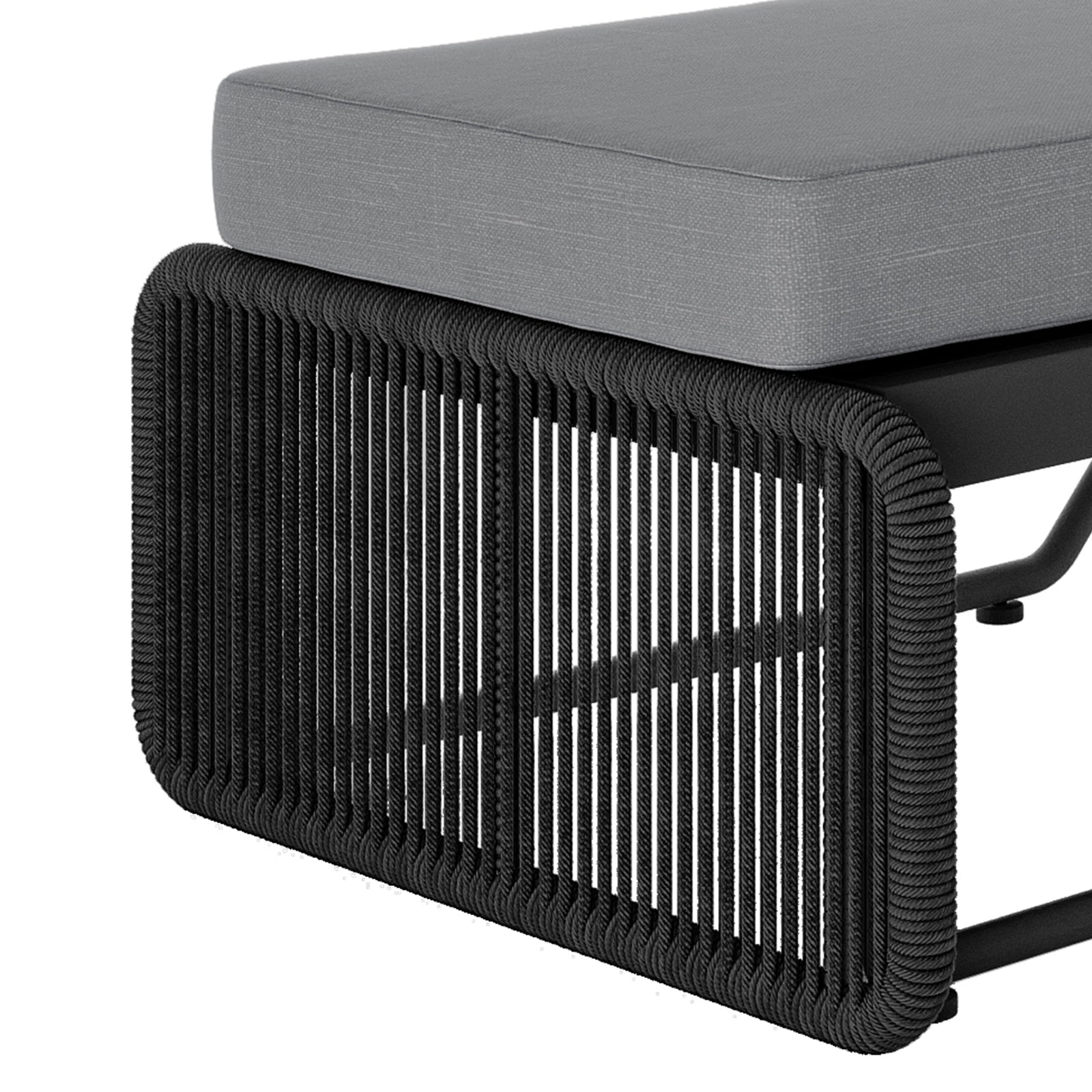 Boonoo Premium Aluminium Outdoor Rattan Sun Lounger Grey, showcasing close-ups of elegant handwoven rattan and plush, quick-dry cushions on a sleek aluminium frame, designed for luxurious outdoor relaxation.