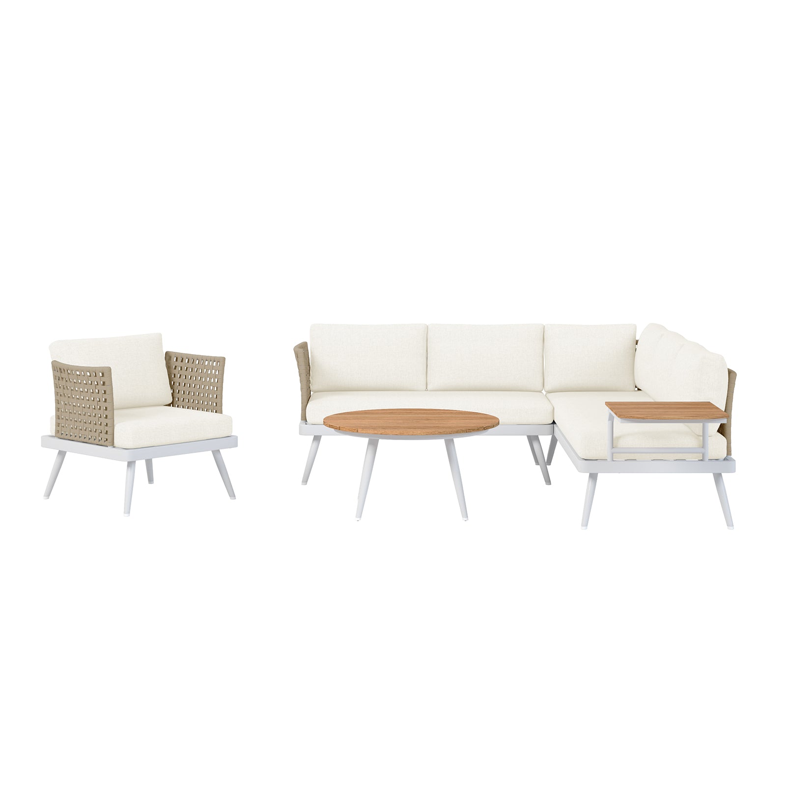 Breeza 5-Seater Outdoor Corner Lounge Set with Teak Table - Cream white, featuring a modular design with UV-resistant cushions, durable rope wrapping, and a solid teak table for versatile outdoor use.