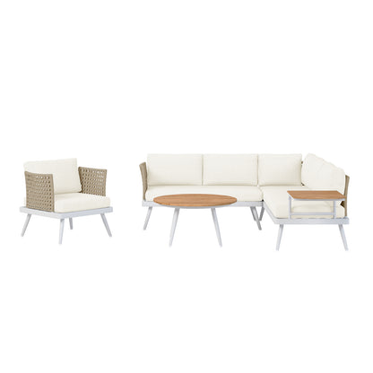 Breeza 5-Seater Outdoor Corner Lounge Set with Teak Table - Cream white, featuring a modular design with UV-resistant cushions, durable rope wrapping, and a solid teak table for versatile outdoor use.