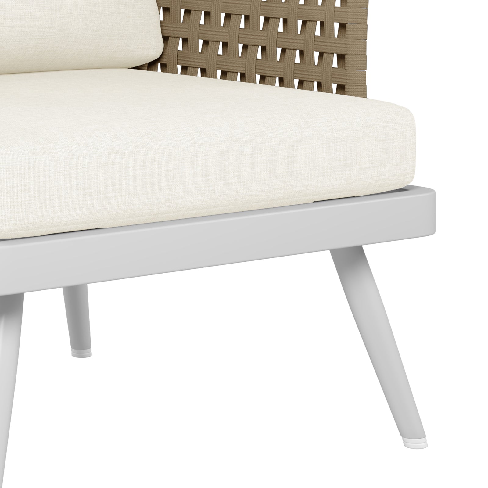 Close-up of Breeza 5-Seater Outdoor Corner Lounge Set with Teak Table, showcasing a wicker armrest with a cream white futon pad, emphasizing modern rope design and sturdy construction.
