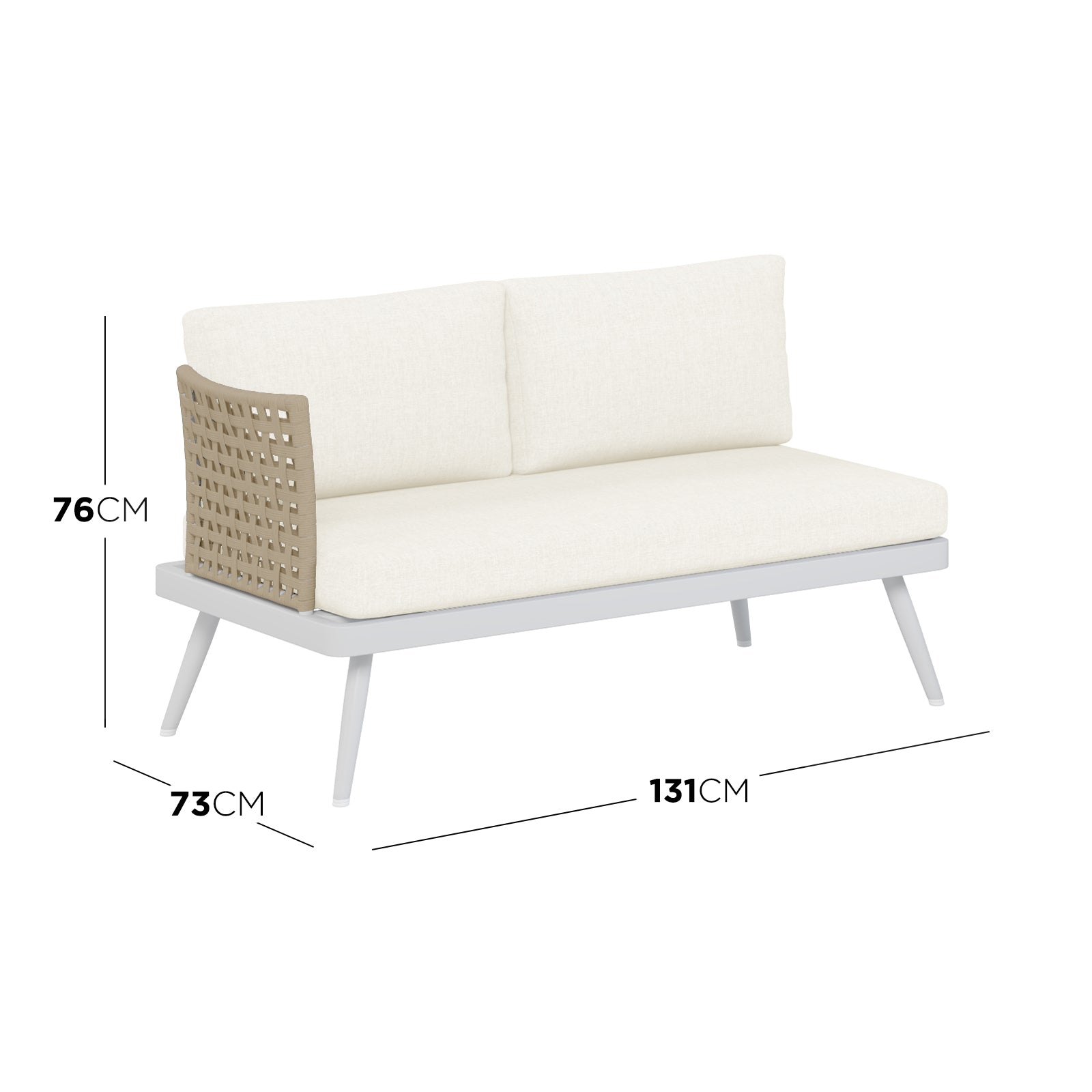Dimension of the Breeza 5-Seater Outdoor Corner Lounge Set with Teak Table, showcasing its woven design and plush cushions, exemplifying a blend of comfort and durability.
