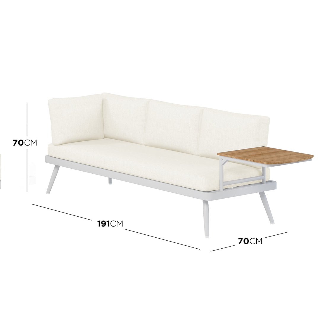 Dimension of the Breeza 5-Seater Outdoor Corner Lounge Set with Teak Table - Cream white, featuring plush cushions on a sturdy aluminum frame with a stylish rope design and a sleek teak table.