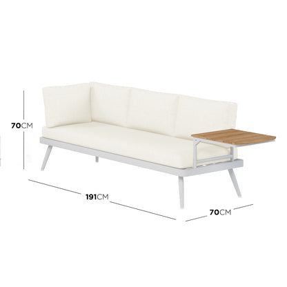Dimension of the Breeza 5-Seater Outdoor Corner Lounge Set with Teak Table - Cream white, featuring plush cushions on a sturdy aluminum frame with a stylish rope design and a sleek teak table.