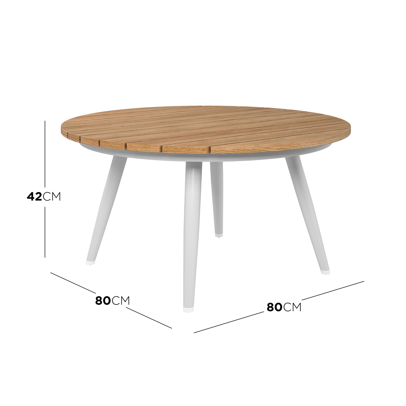 Dimension of the Breeza 5-Seater Outdoor Corner Lounge Set with Teak Table, featuring cream white UV-resistant cushions and a solid teak side table on a wood table backdrop.