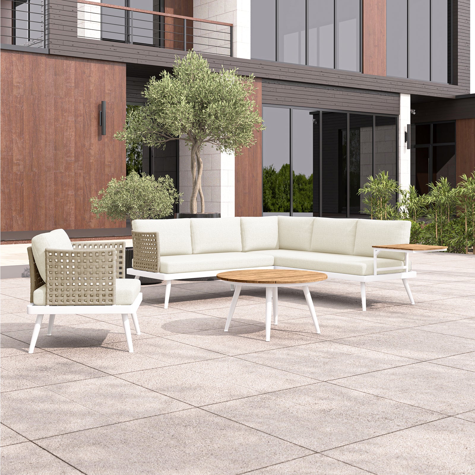 Breeza 5-Seater Outdoor Corner Lounge Set with Teak Table - Cream white; features a sleek, modern design with a rope-wrapped frame, plush cushions, and a sturdy teak table, perfect for outdoor relaxation.