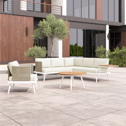 Breeza 5-Seater Outdoor Corner Lounge Set with Teak Table - Cream white; features a sleek, modern design with a rope-wrapped frame, plush cushions, and a sturdy teak table, perfect for outdoor relaxation.