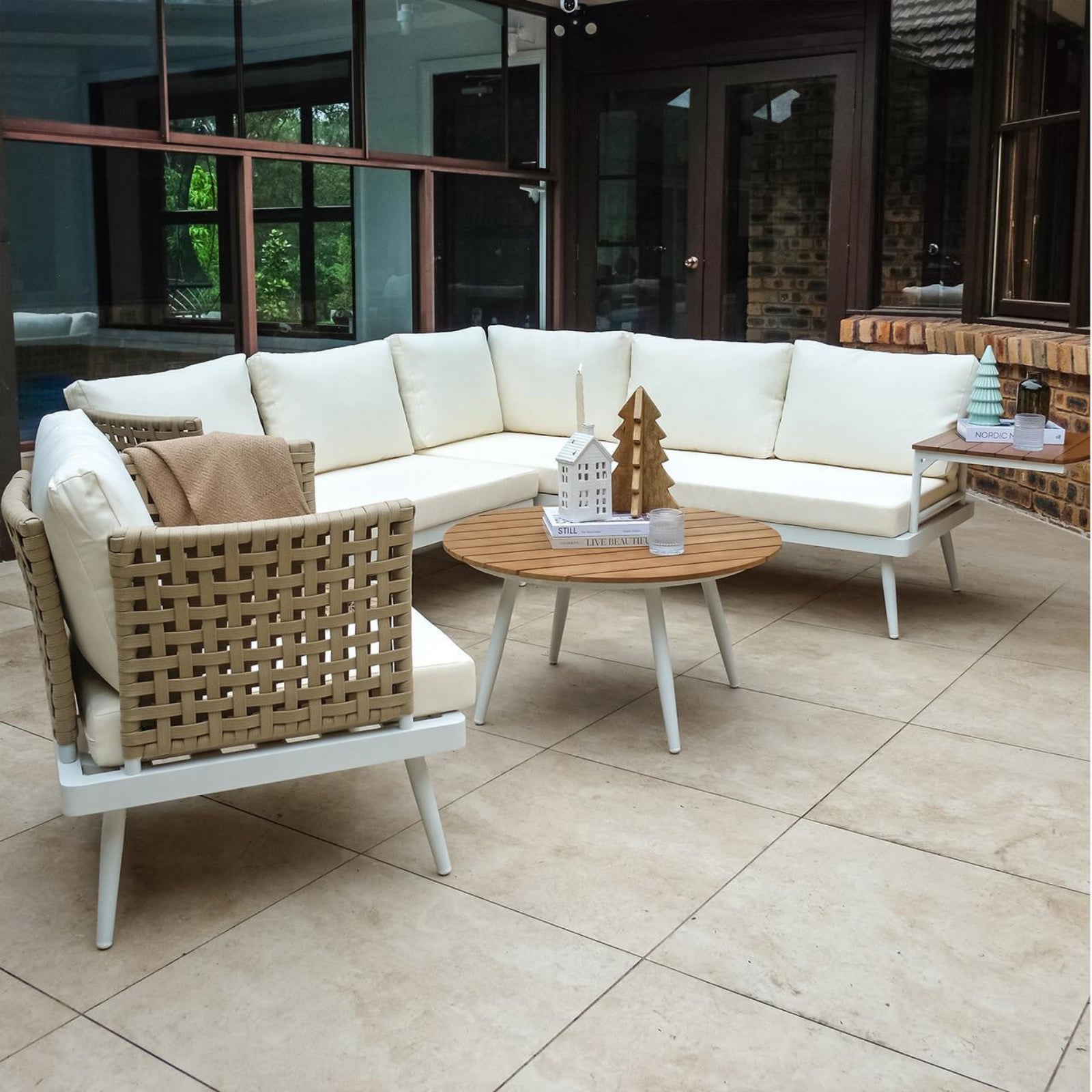 Breeza 5-Seater Outdoor Corner Lounge Set with Teak Table - Cream white, featuring plush cushions and a sleek teak table, perfect for outdoor relaxation and entertaining in stylish comfort.