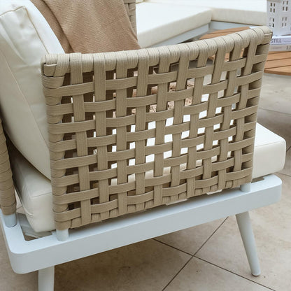Close-up view of the Breeza 5-Seater Outdoor Corner Lounge Set with Teak Table, showcasing its rope design, durable aluminum frame, and inviting cream-white cushions for outdoor comfort.