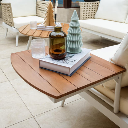 Breeza 5-Seater Outdoor Corner Lounge Set with Teak Table - Cream white; features soft cushions on a sturdy, rope-wrapped frame, accompanied by a solid teak table, perfect for outdoor relaxation.