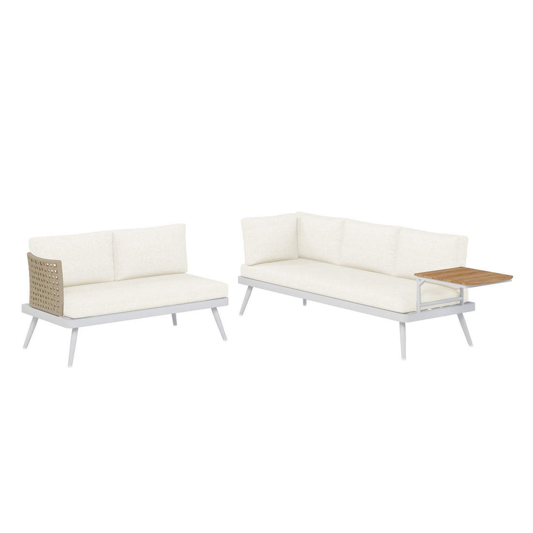 Breeza 5-Seater Outdoor Corner Lounge Set with Teak Table - Cream white, featuring a modular design with soft cushions, a sturdy rope wrap, and a sleek teak side table, ideal for outdoor relaxation.