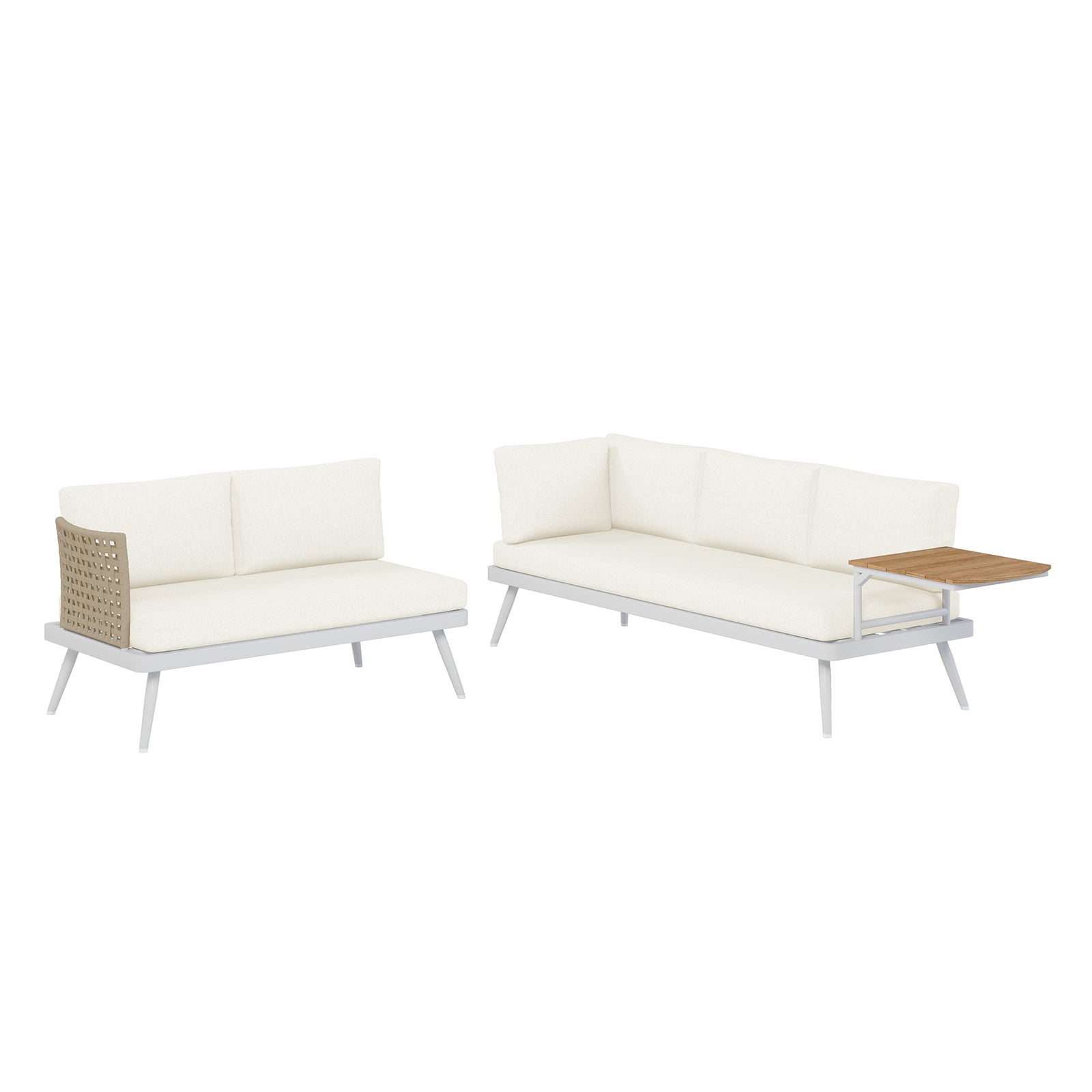 Breeza 5-Seater Outdoor Corner Lounge Set with Teak Table - Cream white, featuring a modular design with soft cushions, a sturdy rope wrap, and a sleek teak side table, ideal for outdoor relaxation.