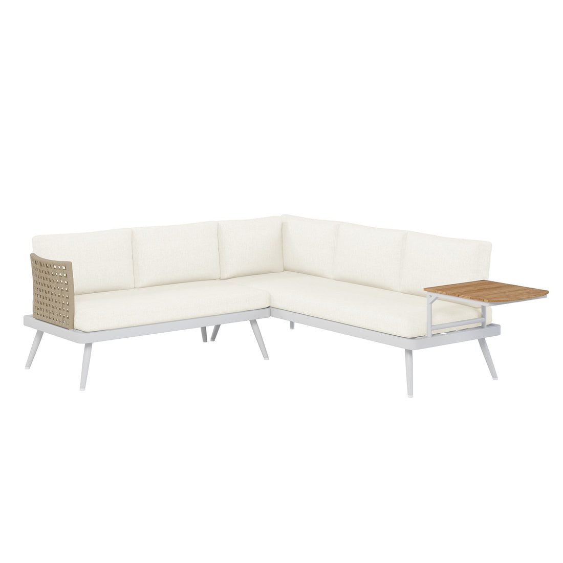 Breeza 5-Seater Outdoor Corner Lounge Set with Teak Table in a close-up view, highlighting its durable rope design and rust-free aluminum frame, complemented by soft, UV-resistant cushions for outdoor comfort.