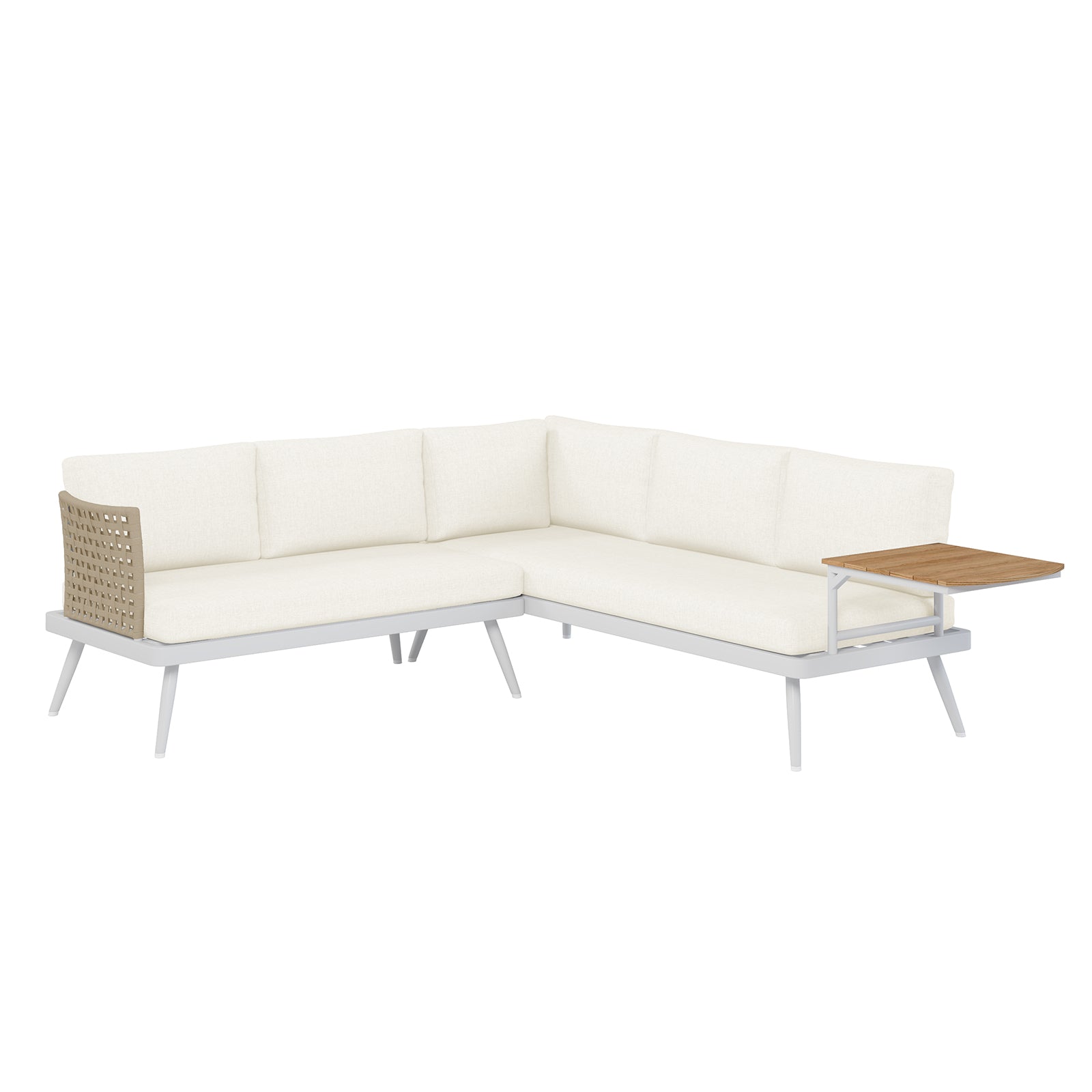 Breeza 5-Seater Outdoor Corner Lounge Set with Teak Table in a close-up view, highlighting its durable rope design and rust-free aluminum frame, complemented by soft, UV-resistant cushions for outdoor comfort.