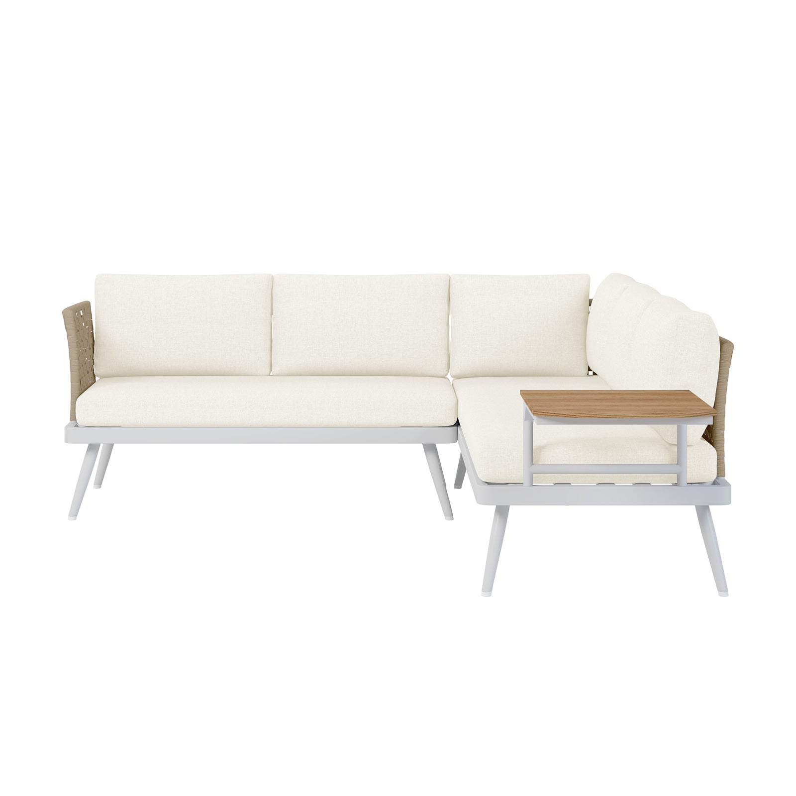 Breeza 5-Seater Outdoor Corner Lounge Set with Teak Table, featuring a plush, modular design with visible UV-resistant cushions and a sturdy teak table, ideal for stylish outdoor relaxation.