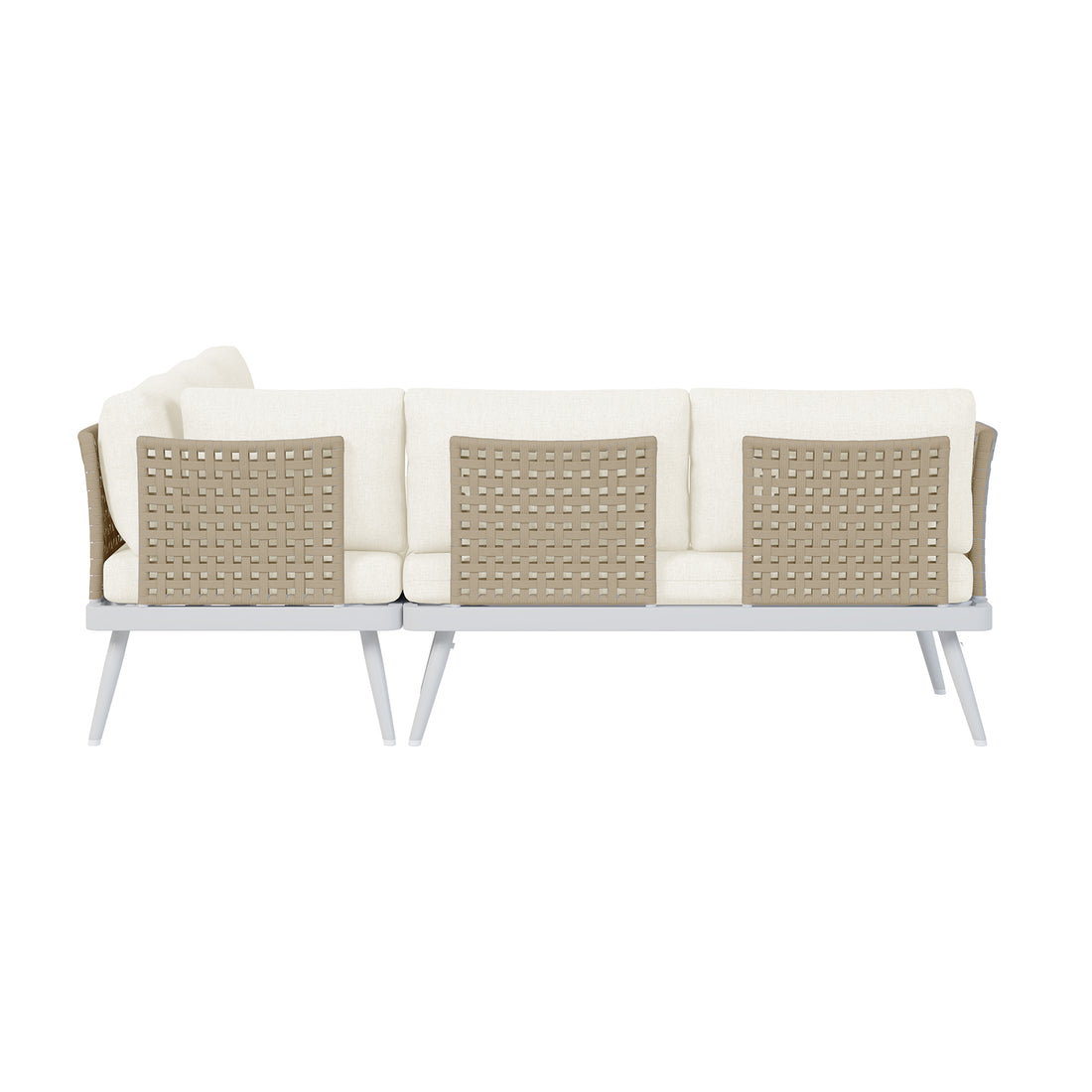 Close-up of Breeza 5-Seater Outdoor Corner Lounge Set featuring woven detailing on the seats and baskets, showcasing its robust rope design and elegant teak table for outdoor comfort and style.