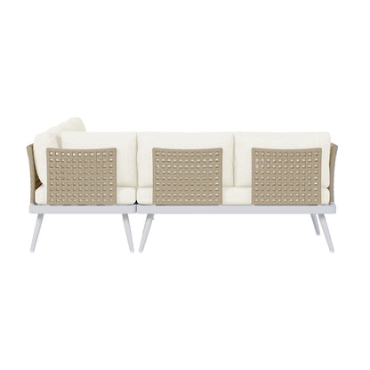 Close-up of Breeza 5-Seater Outdoor Corner Lounge Set featuring woven detailing on the seats and baskets, showcasing its robust rope design and elegant teak table for outdoor comfort and style.