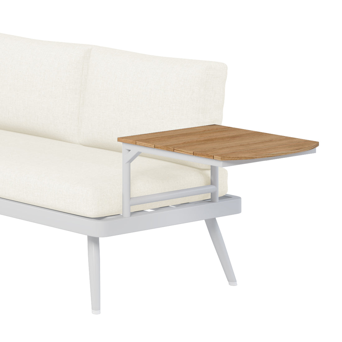 Breeza 5-Seater Outdoor Corner Lounge Set with Teak Table features a cream white couch and wooden table, showcasing durable rope design and a rust-free aluminum frame.