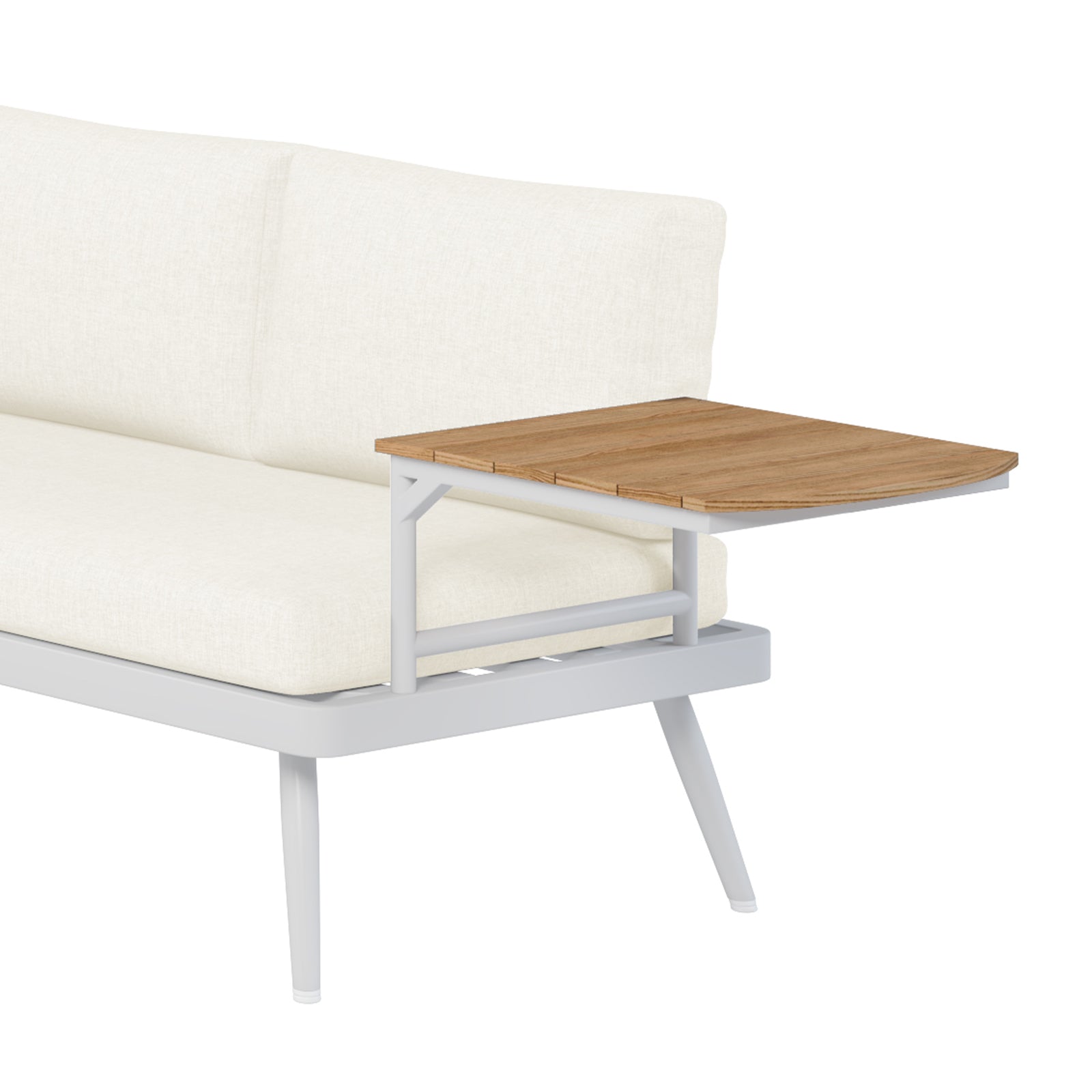 Breeza 5-Seater Outdoor Corner Lounge Set with Teak Table features a cream white couch and wooden table, showcasing durable rope design and a rust-free aluminum frame.