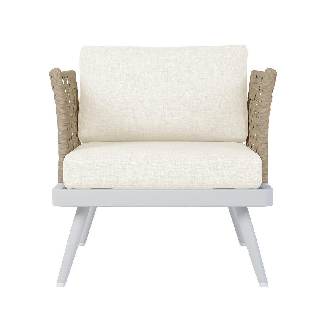 Front View of the Breeza 5-Seater Outdoor Corner Lounge Set showcasing the cream white cushion, sturdy armrest, and sleek teak table, highlighting its robust, stylish design for outdoor relaxation.