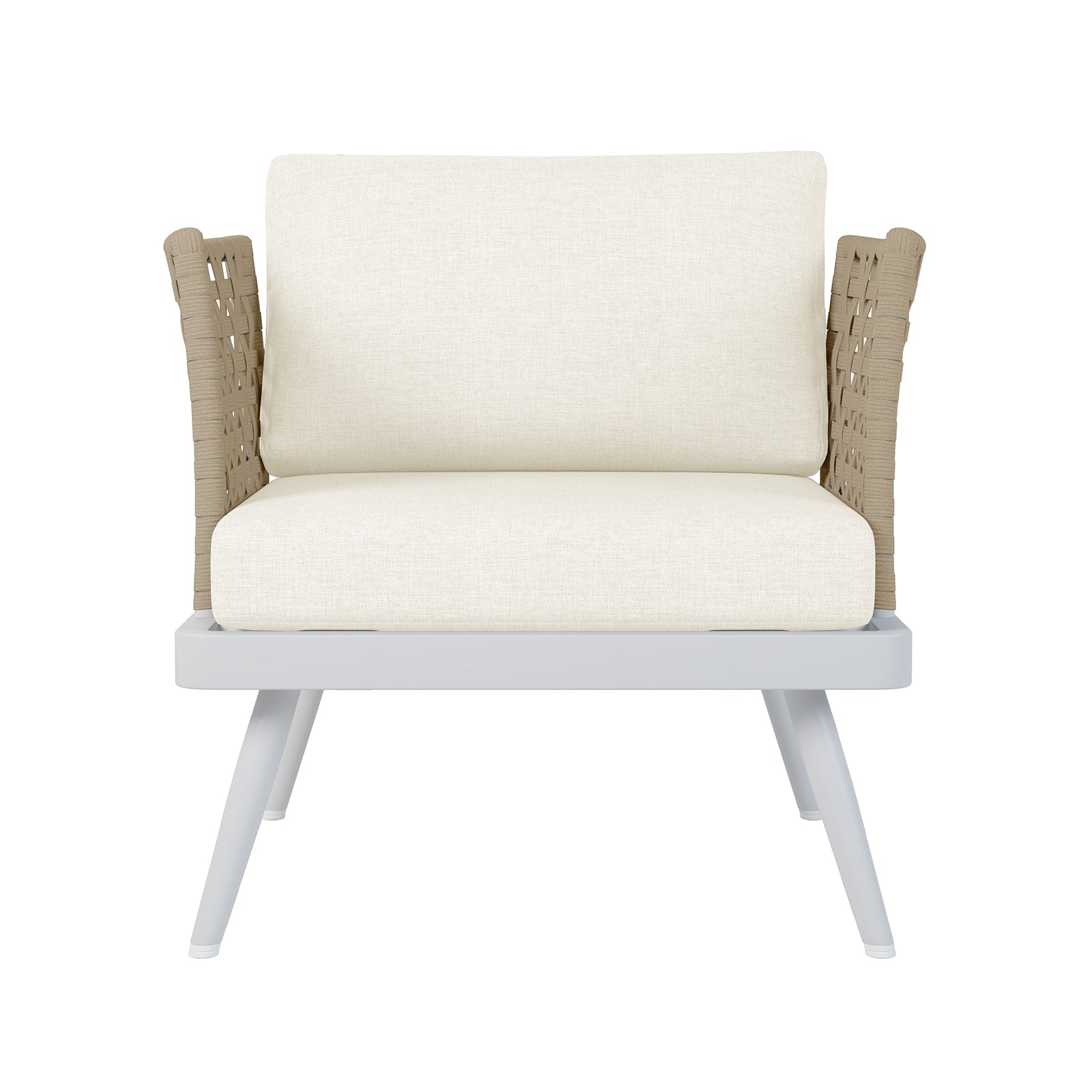 Front View of the Breeza 5-Seater Outdoor Corner Lounge Set showcasing the cream white cushion, sturdy armrest, and sleek teak table, highlighting its robust, stylish design for outdoor relaxation.