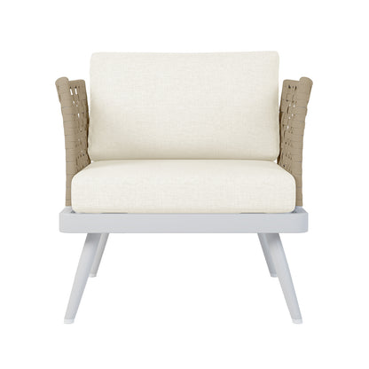 Front View of the Breeza 5-Seater Outdoor Corner Lounge Set showcasing the cream white cushion, sturdy armrest, and sleek teak table, highlighting its robust, stylish design for outdoor relaxation.