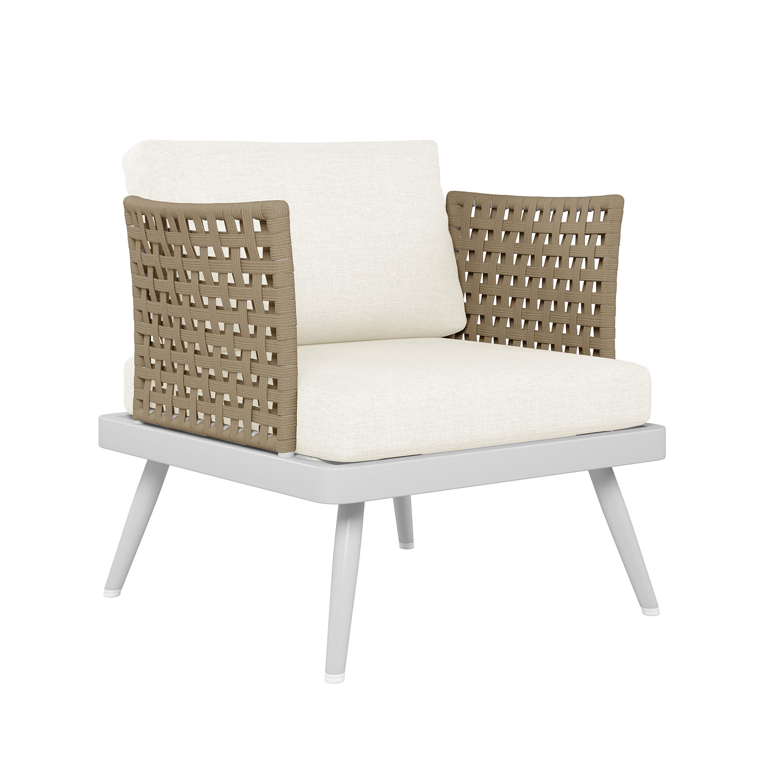 Right angle View of the Breeza 5-Seater Outdoor Corner Lounge Set with Teak Table - Cream white, showcasing its durable rope design, aluminum frame, and soft, UV-resistant cushions.