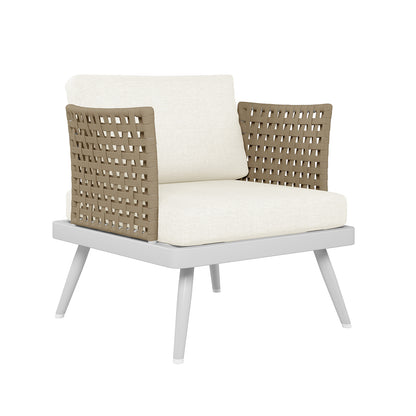 Right angle View of the Breeza 5-Seater Outdoor Corner Lounge Set with Teak Table - Cream white, showcasing its durable rope design, aluminum frame, and soft, UV-resistant cushions.