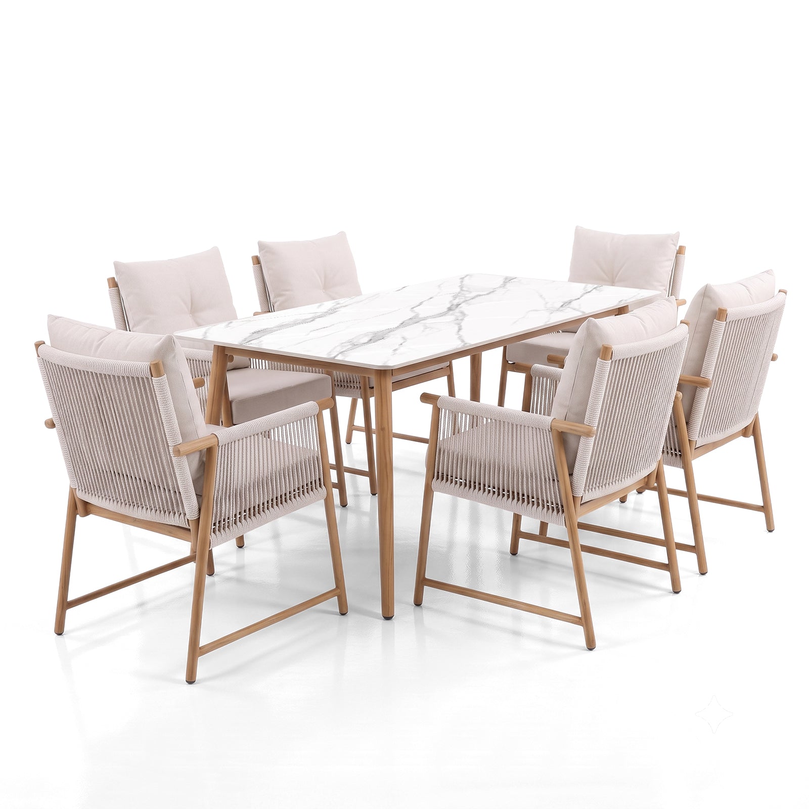 Full dining set with rectangular table and six chairs on a white background