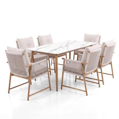 Full dining set with rectangular table and six chairs on a white background