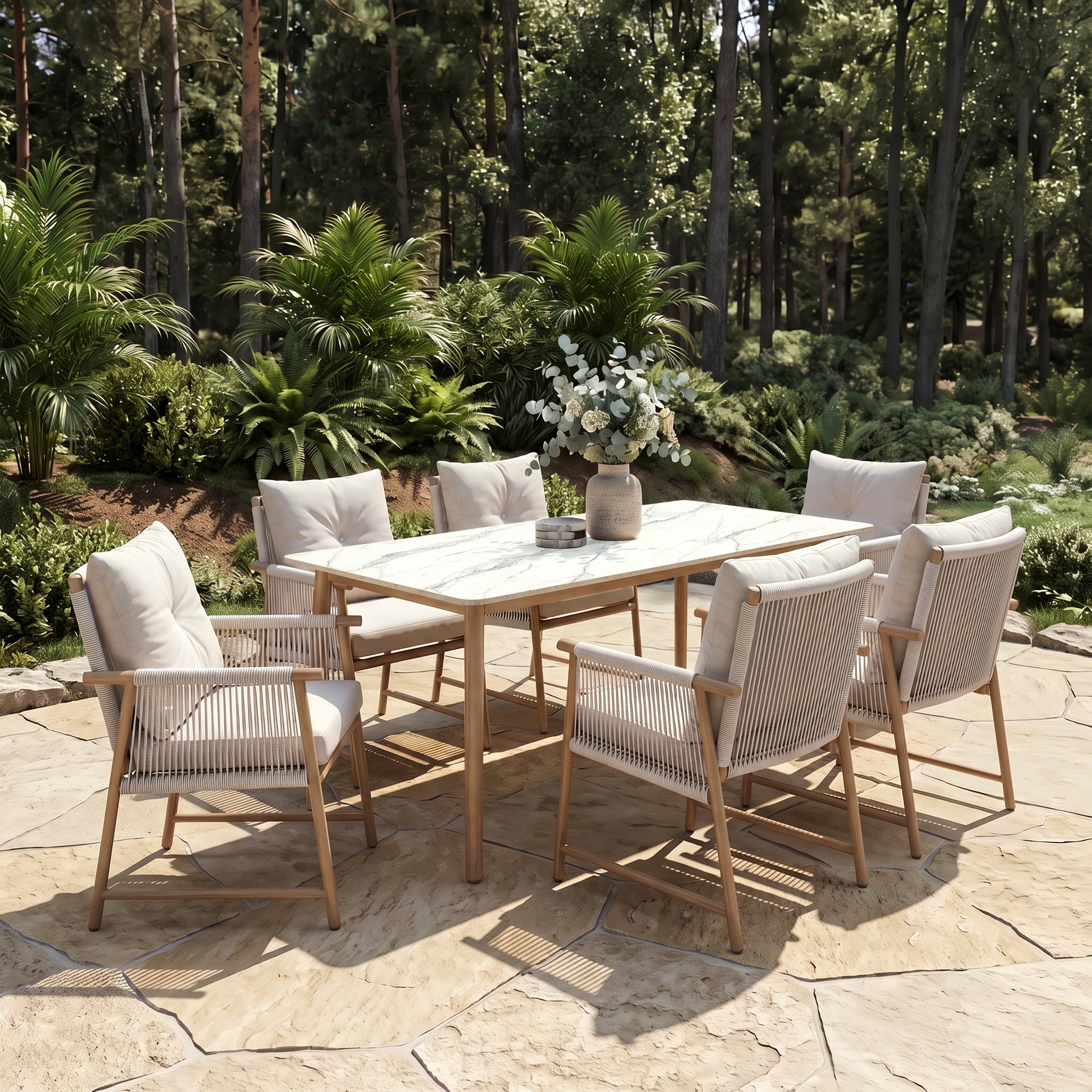 Dining table and six chairs arranged on an outdoor patio in a garden setting