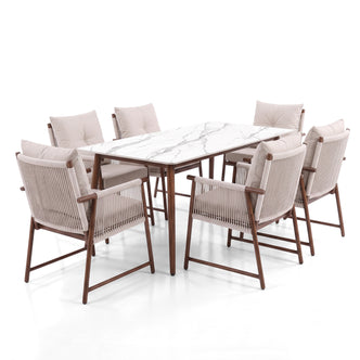 Full modern dining set with eight chairs and marble-look table on a white background