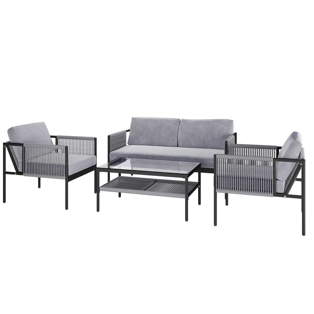 Brujas 4 Seater Wicker Outdoor Lounge Set in Grey features a two-seat sofa, two armchairs with woven rope panels, and a glass-top coffee table, all with a modern, sleek design.