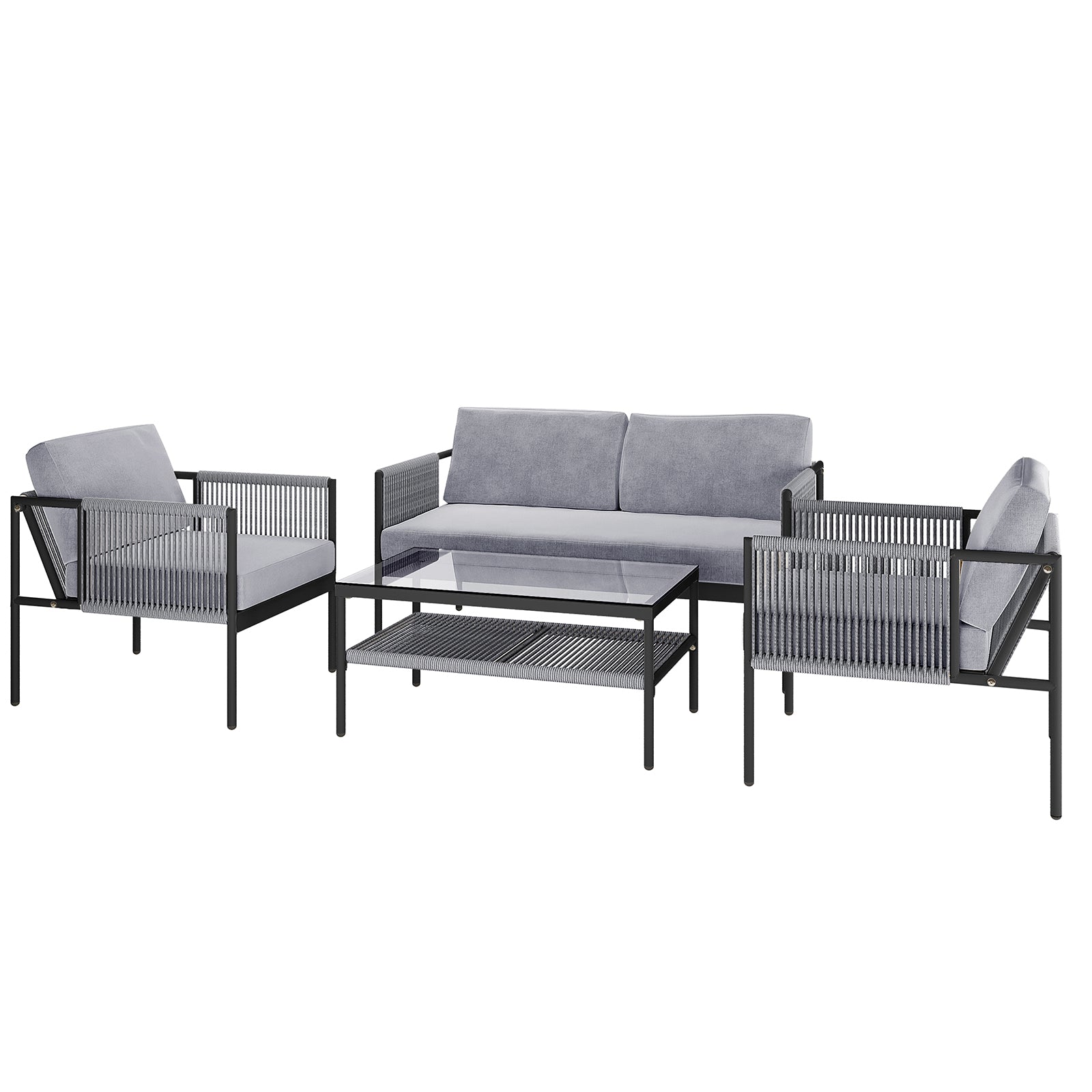 Brujas 4 Seater Wicker Outdoor Lounge Set in Grey features a two-seat sofa, two armchairs with woven rope panels, and a glass-top coffee table, all with a modern, sleek design.