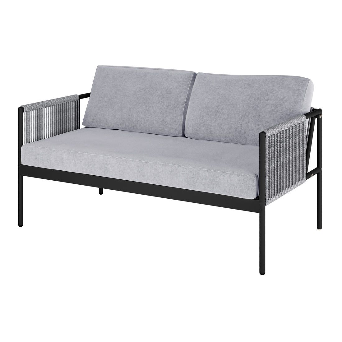 Brujas 4 Seater Wicker Outdoor Lounge Set in Grey features a two-seat sofa with a slim black metal frame, light-gray cushions, and rope-wrapped arm panels, embodying a modern, minimalist aesthetic.