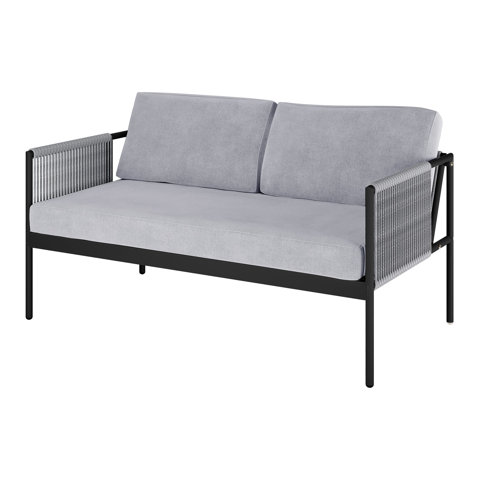 Brujas 4 Seater Wicker Outdoor Lounge Set in Grey features a two-seat sofa with a slim black metal frame, light-gray cushions, and rope-wrapped arm panels, embodying a modern, minimalist aesthetic.