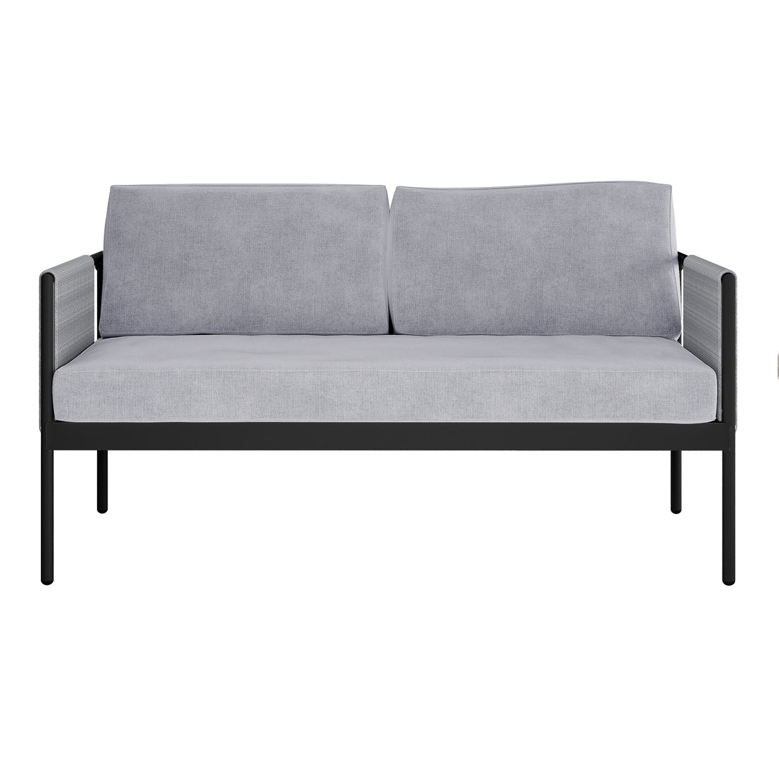 Brujas 4 Seater Wicker Outdoor Lounge Set in Grey, featuring a modern two-seat sofa with a slim black metal frame, light gray upholstered cushions, and mesh-wrapped armrests for a minimalist design.