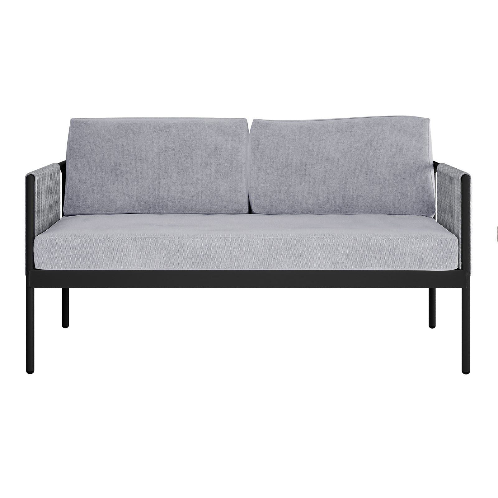 Brujas 4 Seater Wicker Outdoor Lounge Set in Grey, featuring a modern two-seat sofa with a slim black metal frame, light gray upholstered cushions, and mesh-wrapped armrests for a minimalist design.