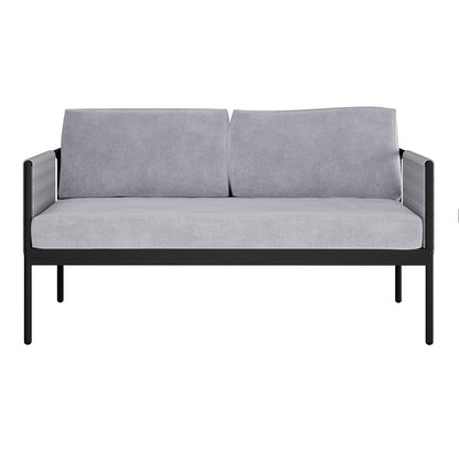Brujas 4 Seater Wicker Outdoor Lounge Set in Grey, featuring a modern two-seat sofa with a slim black metal frame, light gray upholstered cushions, and mesh-wrapped armrests for a minimalist design.