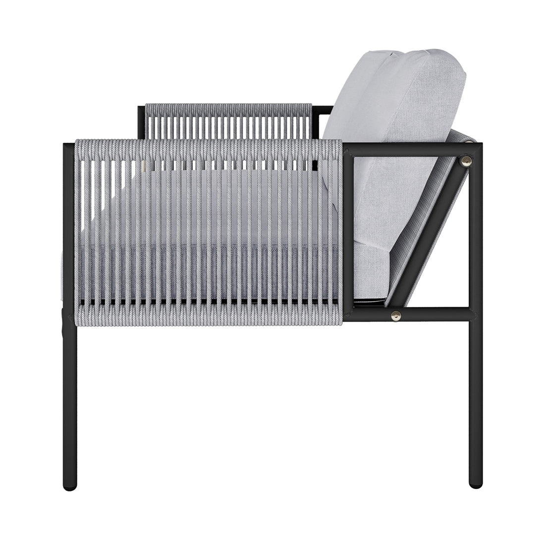 Side view of the Brujas 4 Seater Wicker Outdoor Lounge Set in Grey, featuring a sleek black metal frame, light-gray cushions, and gray rope-wrapped arm panels, embodying modern elegance and durability.