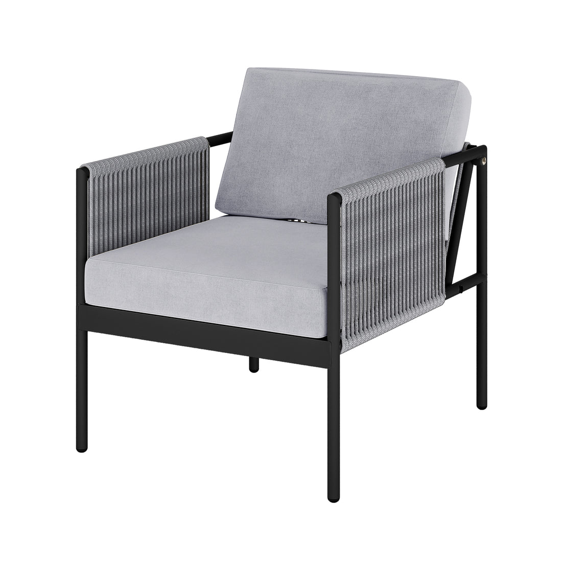 Brujas 4 Seater Wicker Outdoor Lounge Set in Grey, showcasing a modern single-seat armchair with black metal frame, gray woven sides, and light gray cushions, perfect for minimalist outdoor settings.