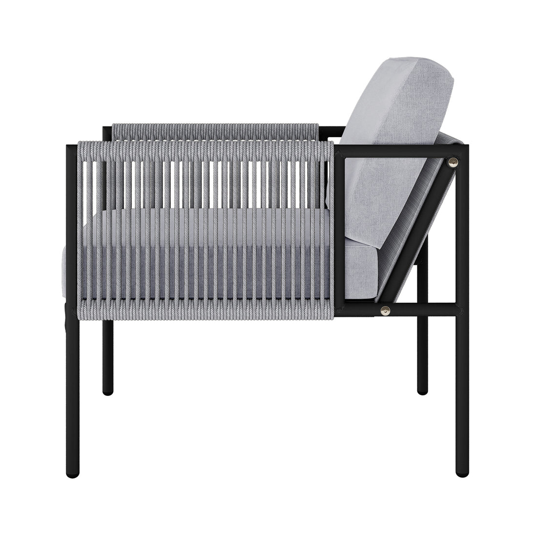 Brujas 4 Seater Wicker Outdoor Lounge Set in Grey, featuring a black metal frame with grey woven-rope sides, light-grey upholstered cushions, viewed from the side, showcasing modern design and versatility.