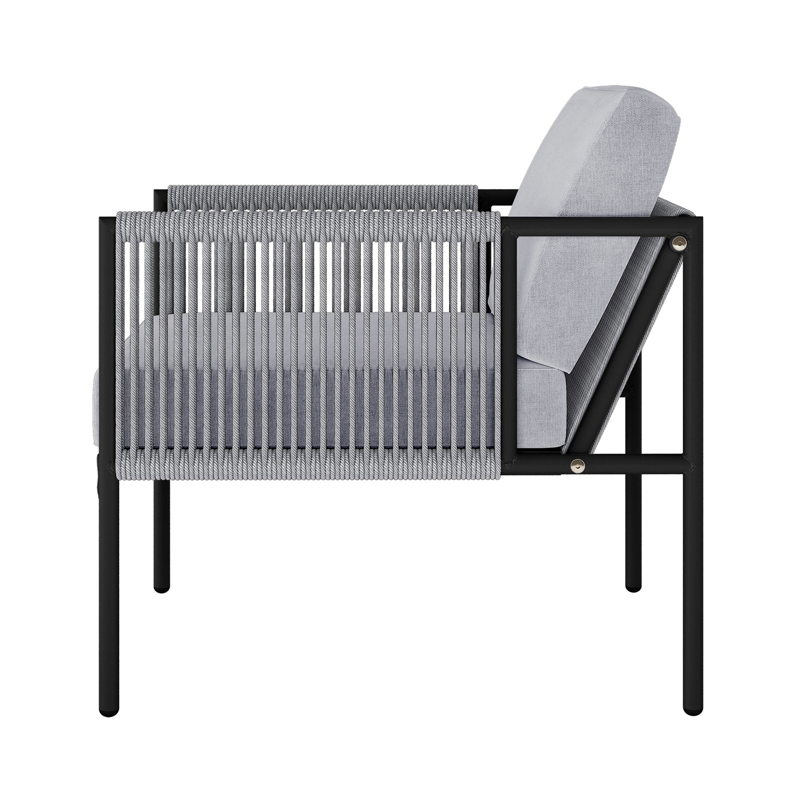 Brujas 4 Seater Wicker Outdoor Lounge Set in Grey, featuring a black metal frame with grey woven-rope sides, light-grey upholstered cushions, viewed from the side, showcasing modern design and versatility.