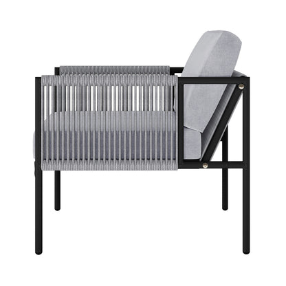 Brujas 4 Seater Wicker Outdoor Lounge Set in Grey, featuring a black metal frame with grey woven-rope sides, light-grey upholstered cushions, viewed from the side, showcasing modern design and versatility.