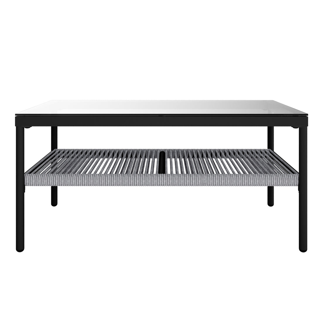 Brujas 4 Seater Wicker Outdoor Lounge Set in Grey features a sleek coffee table with a slim black metal frame, clear glass top, and a lower shelf of tightly woven grey rope slats.