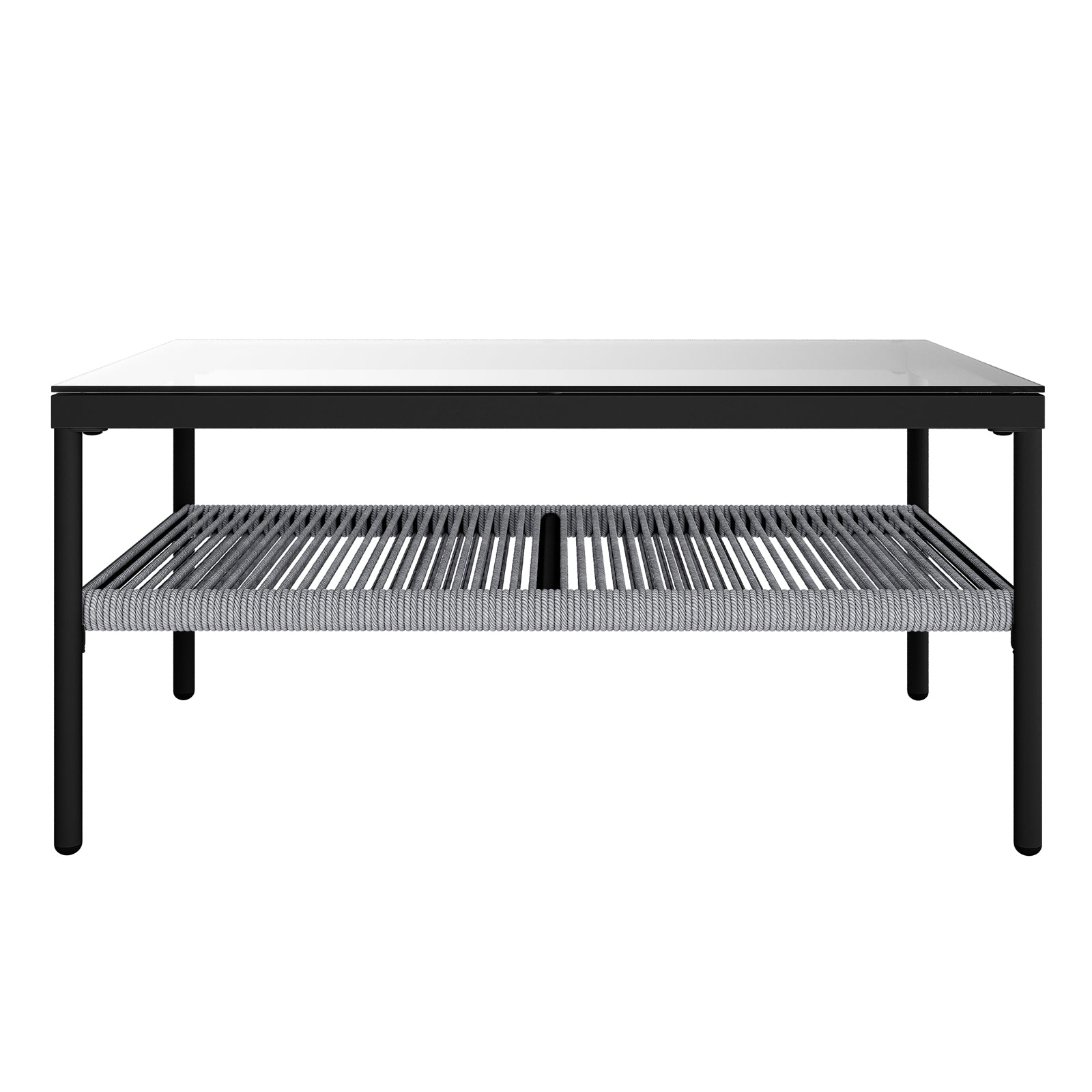 Brujas 4 Seater Wicker Outdoor Lounge Set in Grey features a sleek coffee table with a slim black metal frame, clear glass top, and a lower shelf of tightly woven grey rope slats.