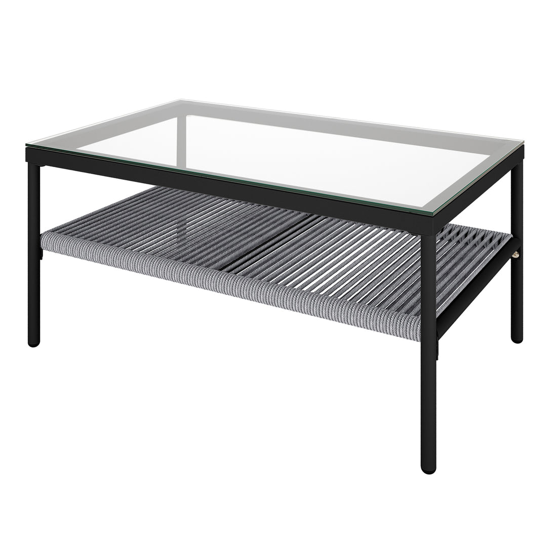 Brujas 4 Seater Wicker Outdoor Lounge Set in Grey features a sleek coffee table with a clear glass top and woven shelf, perfectly complementing the modern lounge ensemble.