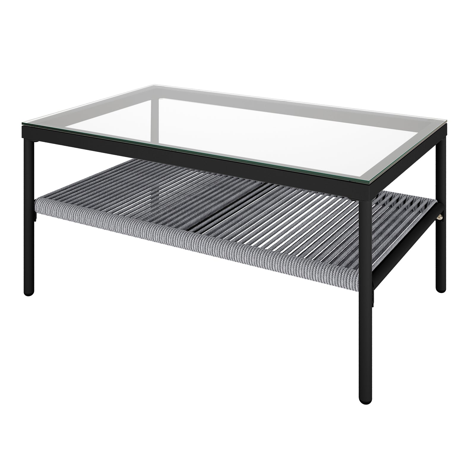 Brujas 4 Seater Wicker Outdoor Lounge Set in Grey features a sleek coffee table with a clear glass top and woven shelf, perfectly complementing the modern lounge ensemble.