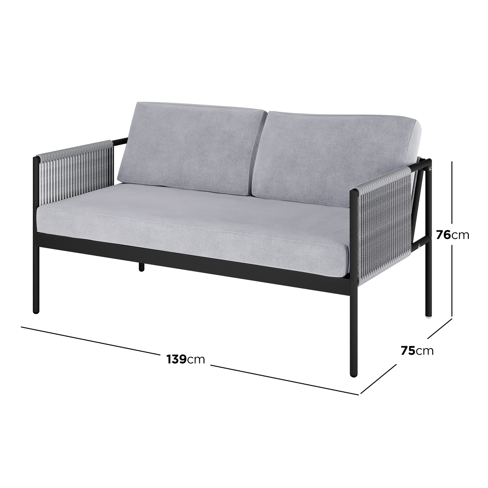 Brujas 4 Seater Wicker Outdoor Lounge Set in Grey featuring a modern two-seater sofa with black metal frame, rope armrests, thick grey seat, and back cushions, measuring 139 cm wide, 75 cm deep, 76 cm tall.