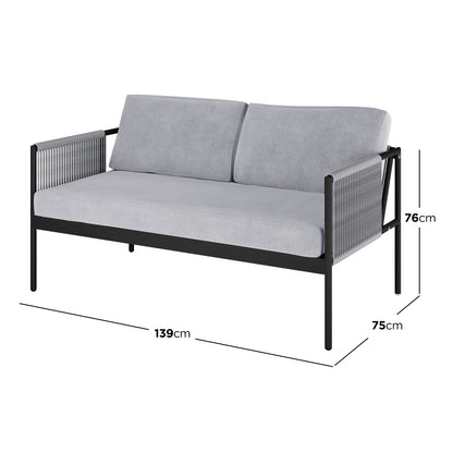 Brujas 4 Seater Wicker Outdoor Lounge Set in Grey featuring a modern two-seater sofa with black metal frame, rope armrests, thick grey seat, and back cushions, measuring 139 cm wide, 75 cm deep, 76 cm tall.
