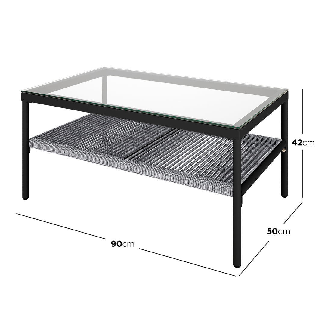 Brujas 4 Seater Wicker Outdoor Lounge Set in Grey features a rectangular coffee table with a clear glass top, black metal frame, and grey woven-rope shelf, measuring 90x50x42 cm.
